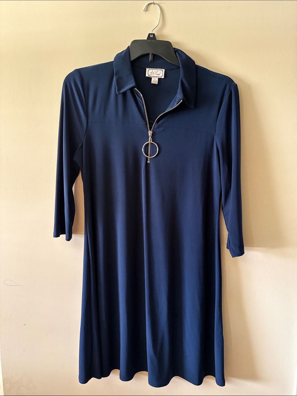 Navy Zip-Front Polo Dress with Ring Pull